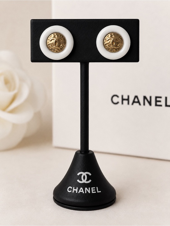 CHANEL Jewelry - CHANEL White and Gold CC Button Stud Earrings